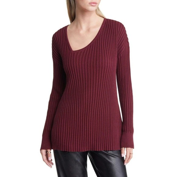 Open Edit Small Asymmetric V-Neck Tunic Sweater In Burgundy Tannin Long Sleeve - Picture 1 of 14